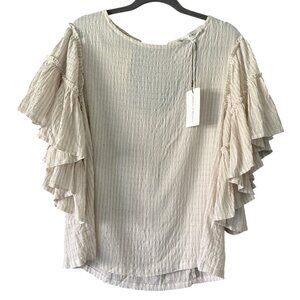 Chelsea & Theodore Beige White Stripe Ruffle Sleeve Casual Office Blouse M NWT